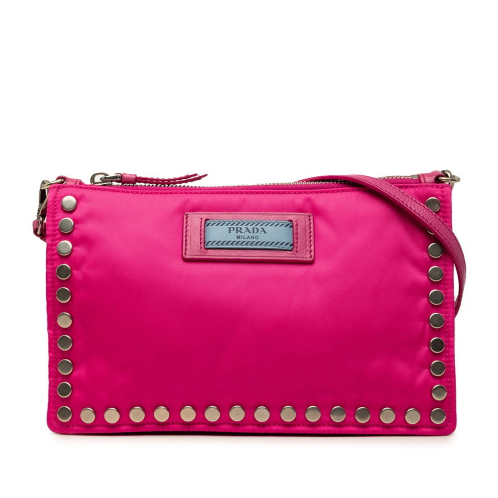 Prada Etiquette Studded Shoulder Bag 1NE006 Pink Nylon Leather Women's PRADA